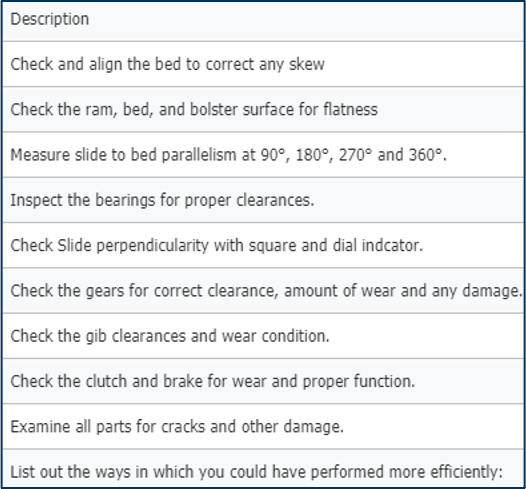 Preventive Maintenance Description List